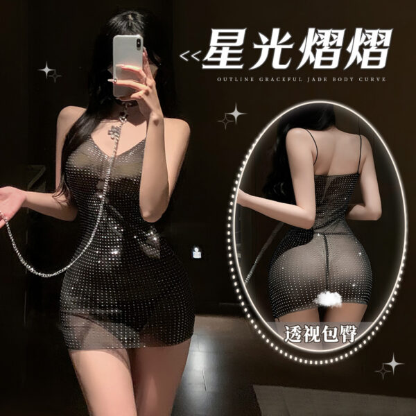 Deep V Crystal Sheer Rhinestone Dress